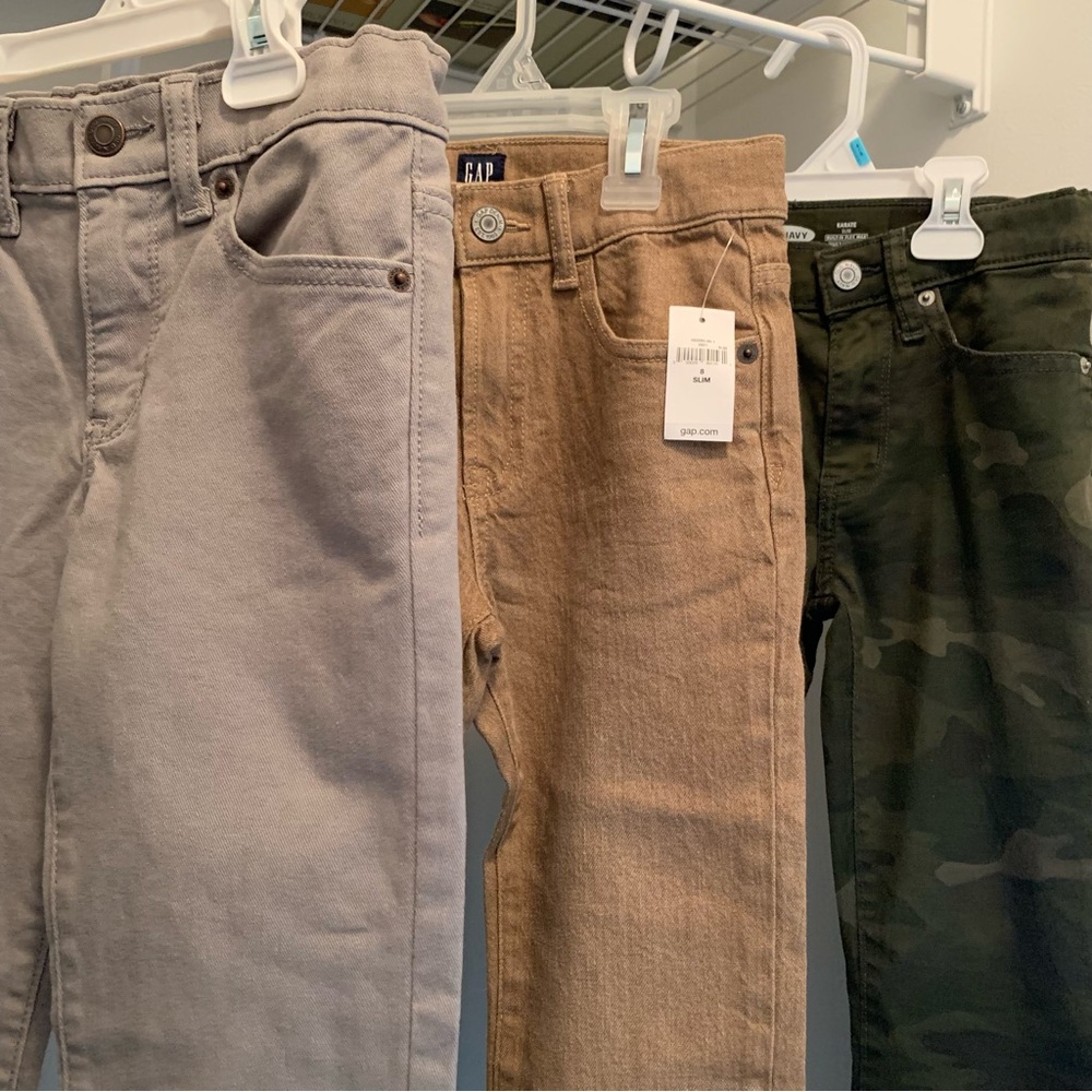 Boys assorted pants. Gray, Tan, Camouflage.